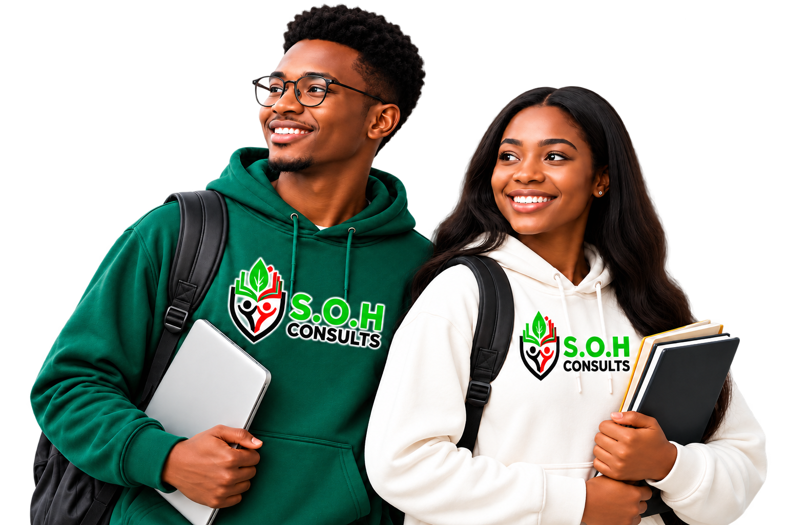 Two students wearing S.O.H CONSULTS hoodies, holding study materials
